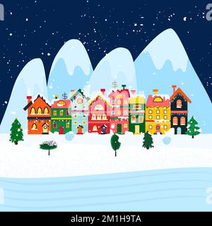 Winter Houses Mountain Town Stock Vektor