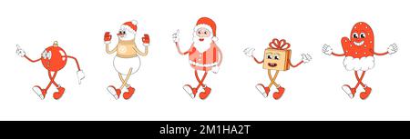 Maskottchen-Weihnachtsmann, Maskottchen-Hirsch, Schneemann-Retro-Vektor. Hirsch, Lebkuchen, weihnachtsmann, Tasse Kaffee, Kakao mit Zimt im Cartoon-Stil. Stock Vektor