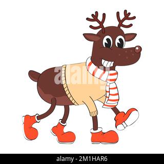 Retro-Hirsch, Maskottchen-Rentier im Retro-Stil. Süße, lustige Grußkarte. Frohe Weihnachten und frohes neues Jahr Stock Vektor