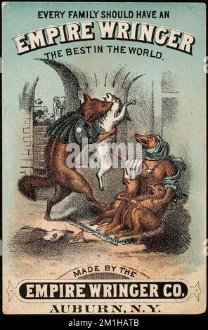 Jede Familie sollte einen Empire Wringer haben, den besten der Welt. Füchse, Kaninchen, Tiere in menschlichen Situationen, Wäscherei, Haushaltsgeräte, amerikanische Handelskarten des 19.. Jahrhunderts Stockfoto