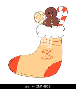 Coole Weihnachtsmannsocken im Retro-Stil der Y2K Jahre. Weihnachtsmanndekoration mit Lebkuchen, Stern, Stock. Stock Vektor