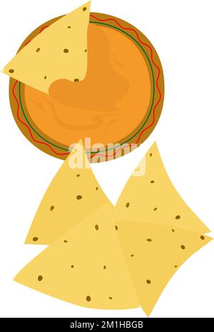 Ein Haufen mexikanischer Maismehl-Pommes-Nacho und traditionelle orangefarbene Sauce im Cartoon-Stil. Mexikanisches Essen. Aufkleber. Symbol. Isolieren. Geeignet für Banner, Posts oder Logos, Karten, Einladungen, Etiketten oder Tags. EPS Stock Vektor
