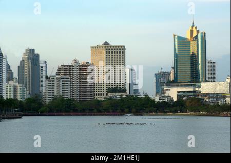 Blick auf die Skyline des Gebäudes vom Benjakiti Park in Bangkok, Thailand. Stockfoto