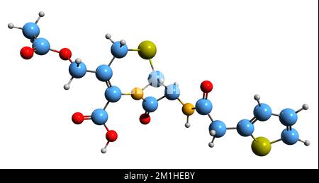 3D-Bild einer Cefalotin-Skelettformel - molekularchemische Struktur eines auf weißem Hintergrund isolierten Cephalosporin-Antibiotikums Stockfoto