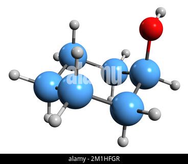 3D-Bild der Cyclohexanol-Skelettformel - molekularchemische Struktur von Cyclohexylalkohol isoliert auf weißem Hintergrund Stockfoto