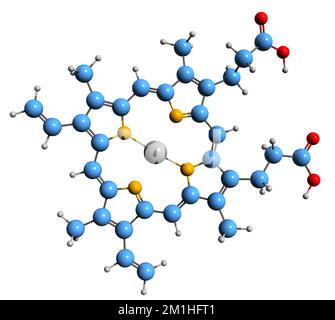 3D-Bild einer Zinkprotoporphyrin-Skelettformel - molekularchemische Struktur von ZPP isoliert auf weißem Hintergrund Stockfoto