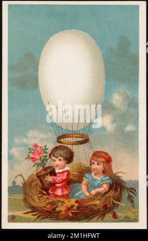 Zwei Kinder in einem Heißluftballon, bestehend aus einem eiförmigen Ballon und einem Vogelnest - eines der Kinder hält eine Topfblume in der Hand. , Kinder, Blumen, Nester, Ballons Flugzeuge, US-Handelskarten des 19.. Jahrhunderts Stockfoto