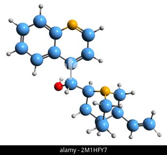 3D-Bild der Cinchonin-Skelettformel - molekularchemische Struktur des auf weißem Hintergrund isolierten Alkaloids Stockfoto