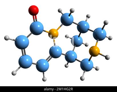 3D-Bild einer Cytisin-Skelettformel - molekularchemische Struktur des auf weißem Hintergrund isolierten Alkaloids Baptitoxin Stockfoto