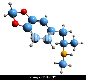 3D-Bild der Methylendioxymethamphetamin-Skelettformel - molekularchemische Struktur der Ecstasy isoliert auf weißem Hintergrund Stockfoto