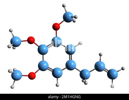 3D-Bild einer Elemicin-Skelettformel - molekularchemische Struktur von Phenylpropen, isoliert auf weißem Hintergrund Stockfoto