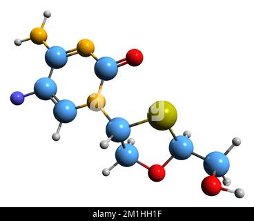 3D-Bild der Emtricitabin-Skelettformel - molekularchemische Struktur eines auf weißem Hintergrund isolierten nukleosidischen Reverse-Transkriptase-Inhibitors Stockfoto