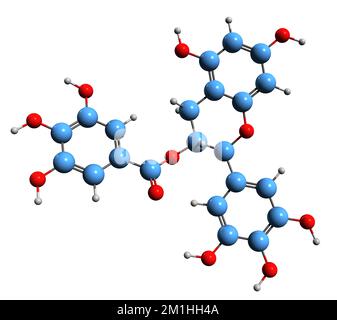 3D-Bild einer Epigallocatechin-Gallat-Skelettformel - molekularchemische Struktur von Epigallocatechin-3-Gallat isoliert auf weißem Hintergrund Stockfoto