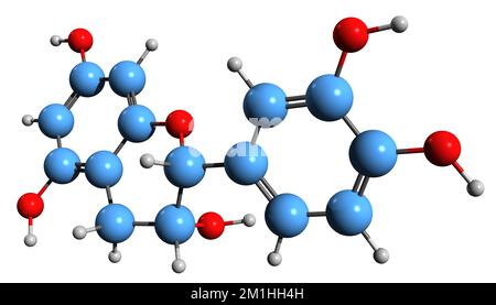 3D-Bild der Epicatechin-Skelettformel - molekularchemische Struktur von Flavan-3-ol isoliert auf weißem Hintergrund Stockfoto