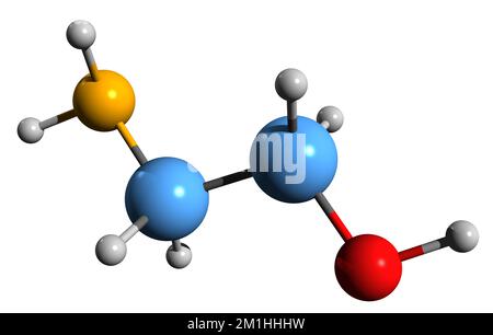 3D-Bild der Ethanolamin-Skelettformel - molekularchemische Struktur von Olamin isoliert auf weißem Hintergrund Stockfoto