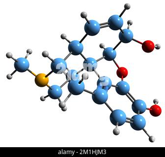3D-Bild einer Morphin-Skelettformel - molekularchemische Struktur eines starken, auf weißem Hintergrund isolierten Opiats Stockfoto
