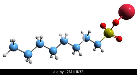 3D-Bild der Sodium octansulfonate Skelettformel - molekularchemische Struktur von Natriumcaprylsulfonat isoliert auf weißem Hintergrund Stockfoto