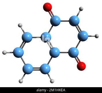 3D-Bild der Naphthochinon-Skelettformel - molekularchemische Struktur der auf weißem Hintergrund isolierten Naphthalin-Dion Stockfoto