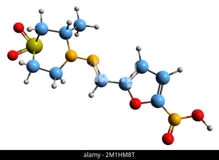 3D-Bild der Nifurtimox-Skelettformel - molekularchemische Struktur des auf weißem Hintergrund isolierten Nitrofuran-Antibiotikums Stockfoto