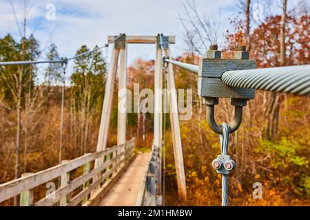 Detaildarstellung der Halteseile für eine große Hängebrücke, die in den Herbstwald führt Stockfoto