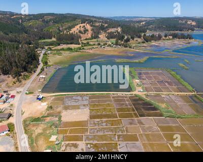 Luftaufnahme von Salinas de Cáhuil und Laguna Cáhuil (Pichilemu) - Chile Stockfoto