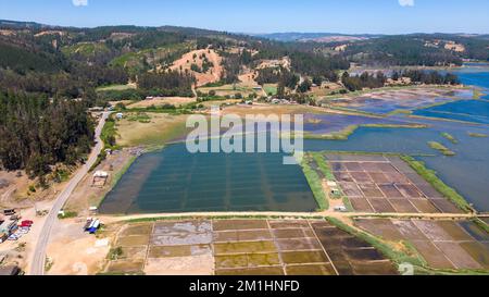 Luftaufnahme von Salinas de Cáhuil und Laguna Cáhuil (Pichilemu) - Chile Stockfoto