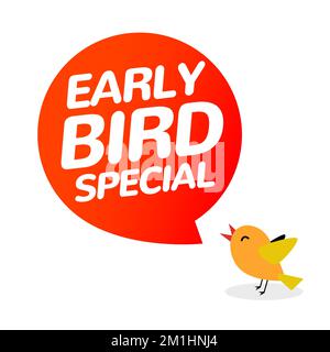 Symbol für Frühbucher-Rabatt-Vektor-Sonderangebote. Zeichentrickfilm-Werbebanner für Frühaufsteher Stock Vektor