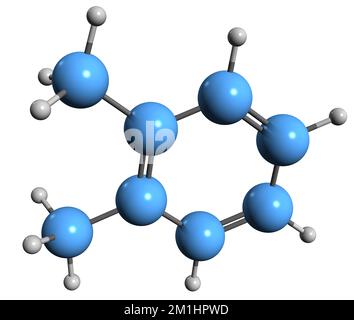 3D-Bild der o-Xylol-Skelettformel - molekularchemische Struktur des auf weißem Hintergrund isolierten aromatischen Kohlenwasserstoffs Stockfoto