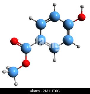 3D-Bild der Methylparaben-Skelettformel - molekularchemische Struktur von Methyl-p-hydroxybenzoat isoliert auf weißem Hintergrund Stockfoto