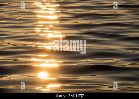 Blaues Wasser mit Wellen an der Oberfläche zur goldenen Stunde des Sonnenuntergangs Stockfoto