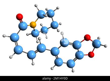 3D-Bild der Piperine-Skelettformel - molekularchemische Struktur des auf weißem Hintergrund isolierten Alkaloids Bioperin Stockfoto