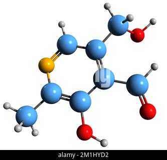 3D-Bild der Pyridoxal-Skelettformel - molekularchemische Struktur des auf weißem Hintergrund isolierten Vitamin B6 Stockfoto