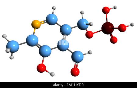 3D-Bild der Vitamin-B6-Skelettformel - molekularchemische Struktur von Pyridoxal-5-Phosphat, isoliert auf weißem Hintergrund Stockfoto