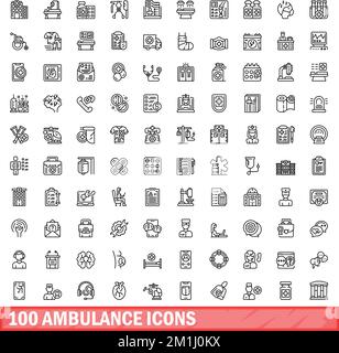 100 Rettungswagen-Symbole eingestellt. Umrissdarstellung von 100 Krankenwagen-Symbolen Vektorsatz isoliert auf weißem Hintergrund Stock Vektor