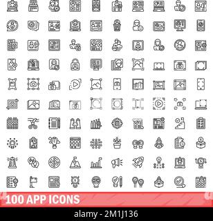 100 App-Symbole eingestellt. Gliederungsdarstellung von 100-Anwendungssymbolen, die auf weißem Hintergrund isoliert sind Stock Vektor