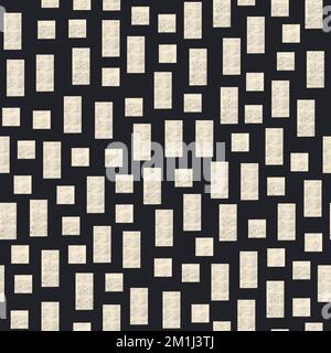 Geometrische weiße Rechtecke und Quadrate auf schwarzem Hintergrund. Nahtloses Muster mit geometrischen Grunge-Texturen. Einfaches modernes Muster. Stockfoto
