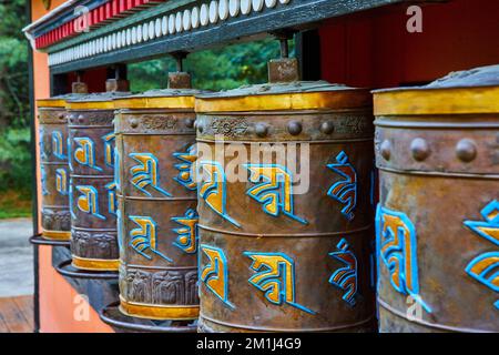 Kunstvoll verzierte Gebetsräder im tibetischen mongolischen buddhistischen Schrein Stockfoto