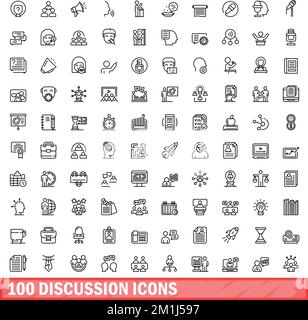 100 Diskussionssymbole festgelegt. Gliederungsdarstellung der 100-Diskussionssymbole Vektorsatz isoliert auf weißem Hintergrund Stock Vektor