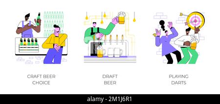 In einer Kneipe isolierte Cartoon-Vektorabbildungen. Craft-Bier-Auswahl, Brauereispezialist spricht mit Kunden, Barkeeper hält Glas, fröhliche, vielfältige Freunde spielen Darts in Pub-Vektor-Cartoon. Stock Vektor