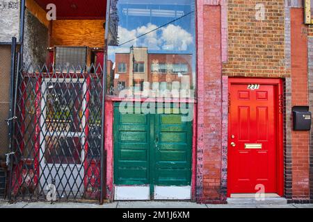 Backsteinmauer mit verschiedenen Türen und Glasfenstern in Chinatown Stockfoto