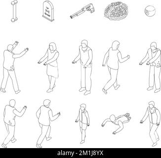 Zombie-Ikonen-Set. Isometrischer Satz von Zombie-Vektorsymbolen umrandet auf einer Sammlung mit weißen dünnen Linien Stock Vektor