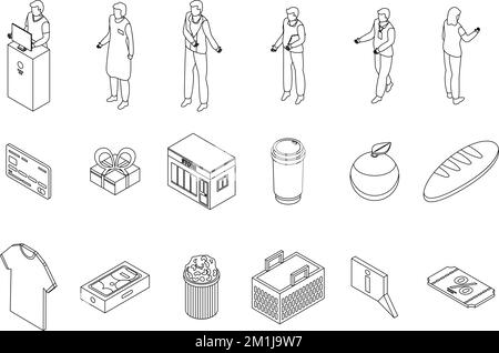 Symbolsatz für Werkstattassistenten. Isometrischer Satz von Vektorsymbolen für den Shop Assistant auf einer weißen dünnen Liniensammlung Stock Vektor