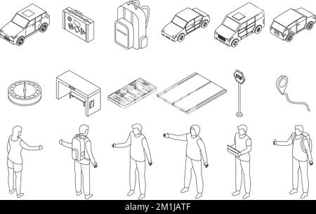 Symbole für Anhalter gesetzt. Isometrischer Satz von Anhalter-Vektorsymbolen umrandet weiße dünne Linien Stock Vektor