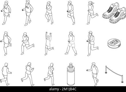 Symbolsatz wird ausgeführt. Isometrischer Satz von laufenden Vektorsymbolen umrandet auf der Sammlung weißer dünner Linien Stock Vektor
