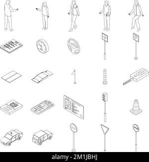 Fahrschule-Ikonen gesetzt. Isometrischer Satz von Vektorsymbolen für die Fahrschule umrandet auf einer weißen Kollektion mit dünnen Linien Stock Vektor