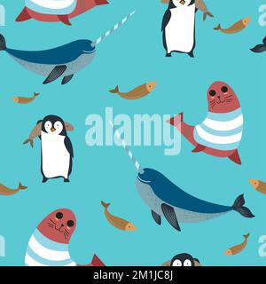 Meerestiere, Pinguine und Seelöwen Stock Vektor