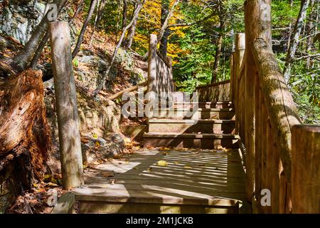 Holzsteg und Treppen, die auf Felsen hinauf und in den Wald führen Stockfoto