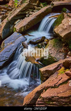 Details von zwei kleinen, kaskadierenden Wasserfällen, die über moosbedeckte Felsen im Bach strömen Stockfoto