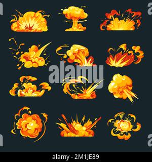 Explosionen, Flammenausbrüche und Feuervektor Stock Vektor