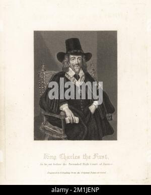 König Karl I. von England, als er vor dem vorgetäuschten Obersten Gerichtshof saß, 1649. Gravur aus Kupferplatten von Burnet Reading nach dem Originalbild von Edward Bower in Oxford aus James Caulfield's The High Court of Justice, London, 1820. Stockfoto